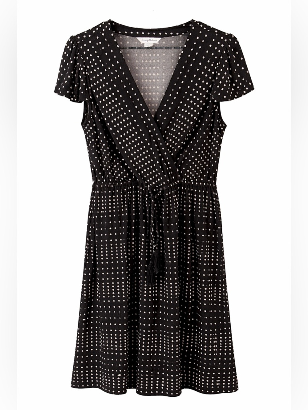 Tommy Bahama Black White Polka Dot Dress Wrap Style Flutter Sleeve Tassel Tie M